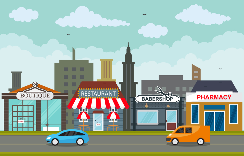 a street scene illustration of small businesses
