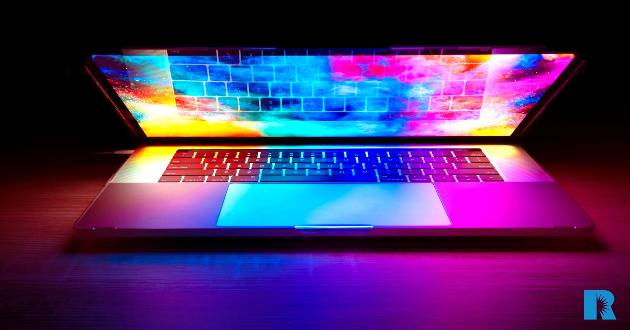 Illustration of an open laptop that has been infected by a virus.