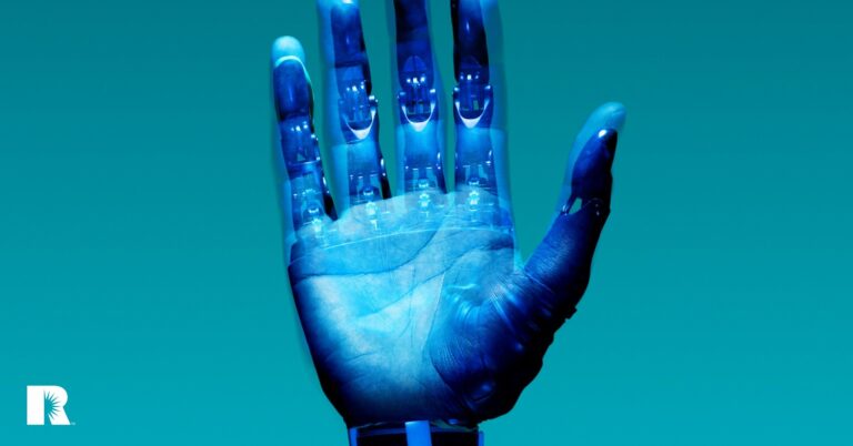 A digitally altered image of a cybernetic hand.