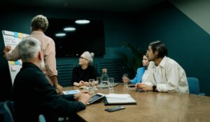 An insurance agency's team discusses technology implementation.